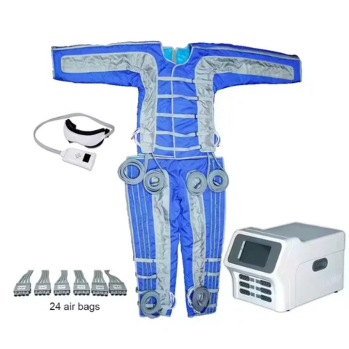 Blue pressotherapy suit with console